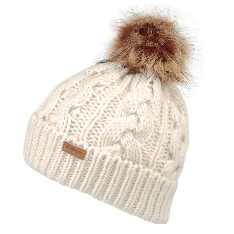 Sports team cap for game day support -Barbour Hats Penshaw Cable Knit Faux Fur Pom Bobble Hat - Cream