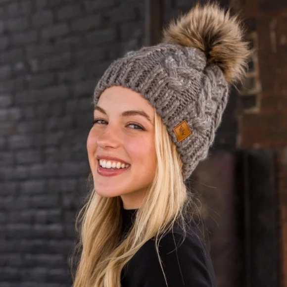 Trucker mesh cap for ventilated cool wear -Gray Cable Knit Faux Fur Pompom Beanie Fleece Lined Women's Winter Hat