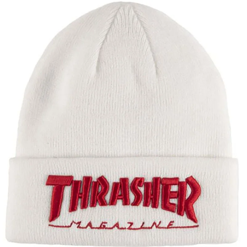 Sports cap with moisture-wicking fabric tech -Thrasher Skateboard Magazine WHITE/RED Embroidered Logo Beanie