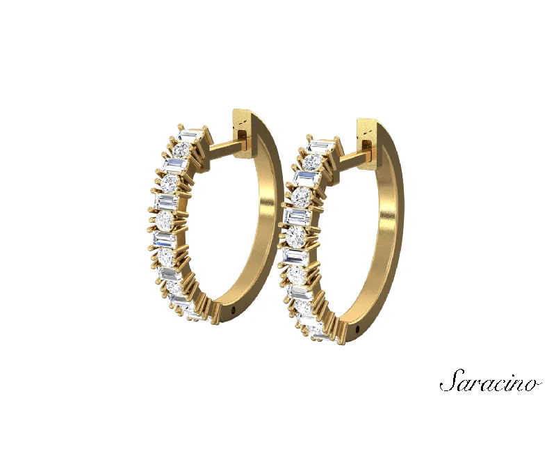 Best hoop earrings with delicate chain details for a trendy and stylish design-1 Row Round and Baguette Huggie Diamond Earrings