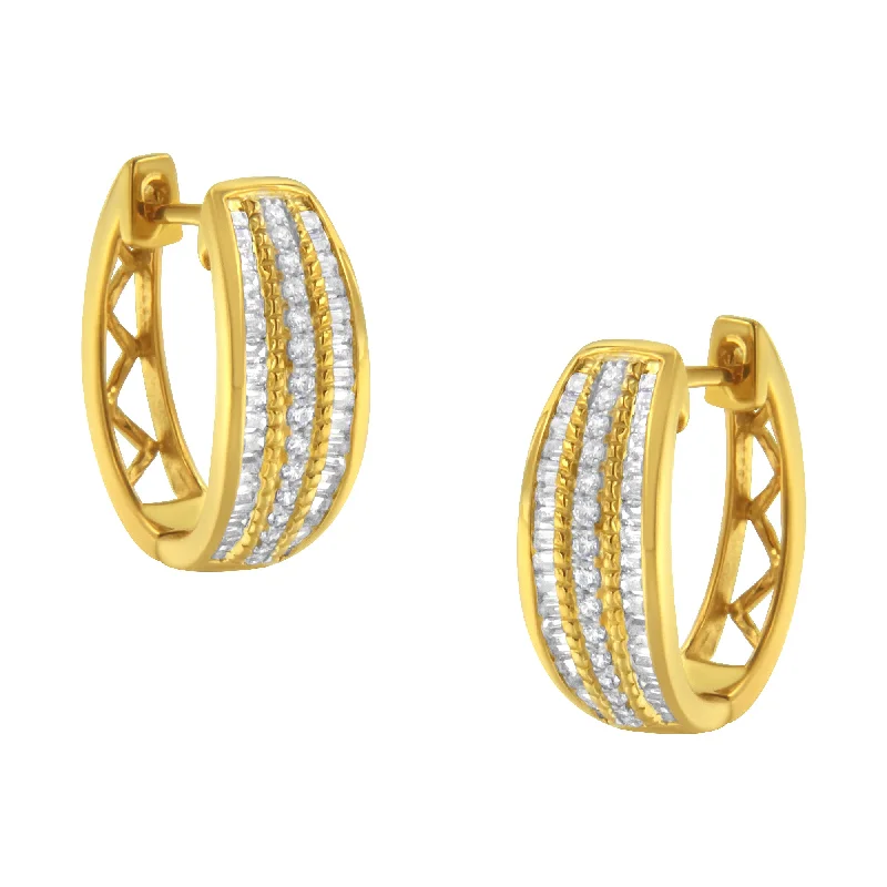 Hoop earrings with diamond-cut surfaces for added sparkle and shine-10K Yellow Gold 3/4 Cttw Pave and Channel Set Diamond Triple Row Modern Hoop Earrings