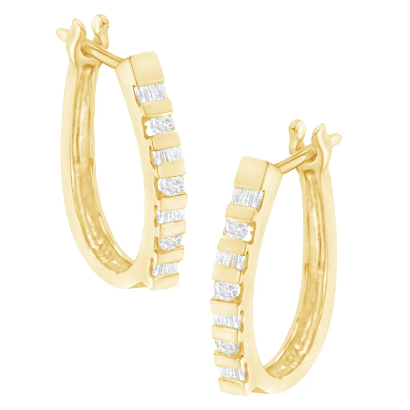 Hoop earrings with oversized designs for a bold, fashion-forward statement-10K Yellow Gold Round and Baguette Cut Diamond Oblong Hinged Leverback Hoop Earrings