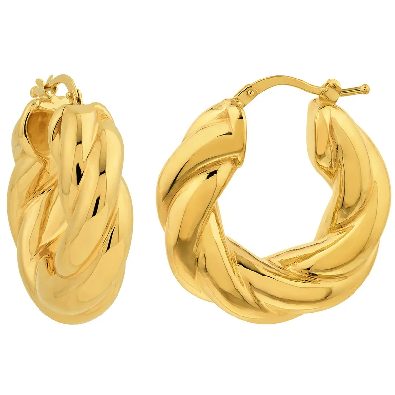 Hoop earrings with twisted metal designs for a dynamic and modern style-14k Yellow Gold Wide Twisted Puff Hoop Earrings with Hinged Back