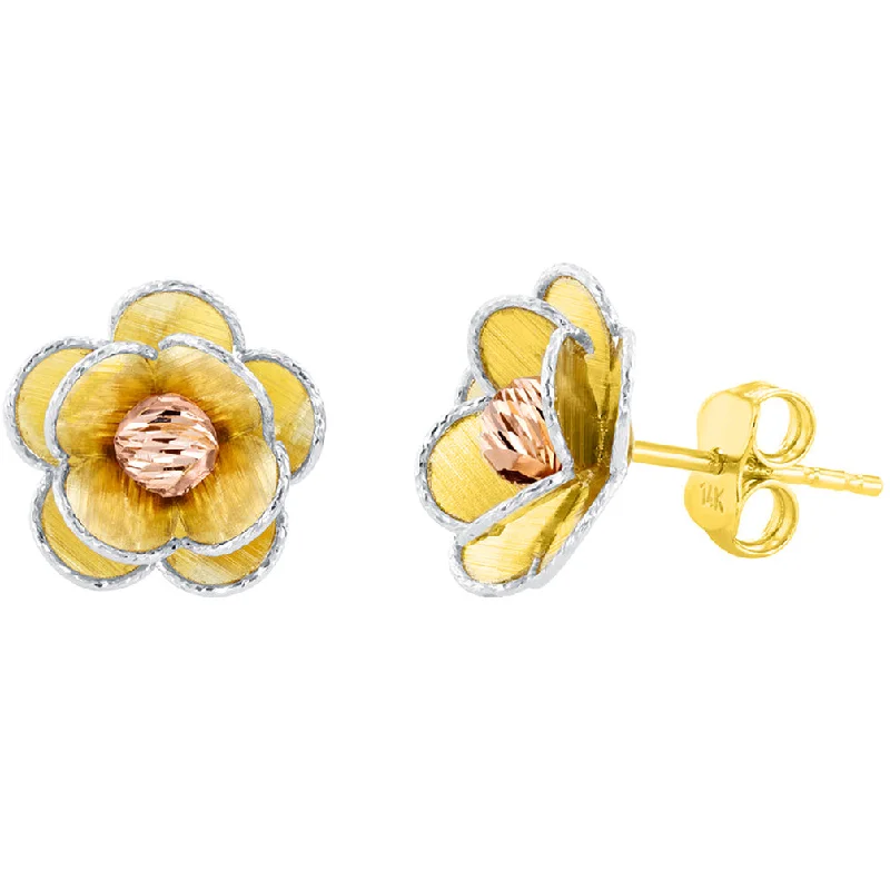 Best hoop earrings with cubic zirconia for a budget-friendly, dazzling look-14K Tri Color Gold Textured Blooming Flower Stud Floral Earrings, 12.5mm