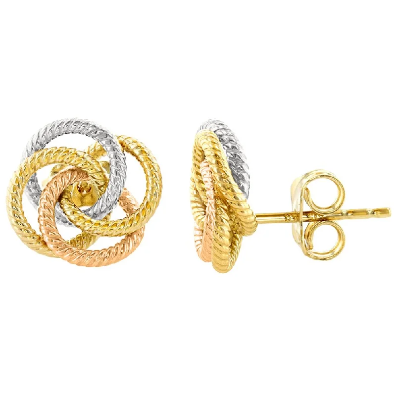 Best hoop earrings with vintage rhinestone embellishments for a retro-glam effect-14K Tri-Color Gold Twisted Love Knot Stud Eternity Rope Earrings, 10mm