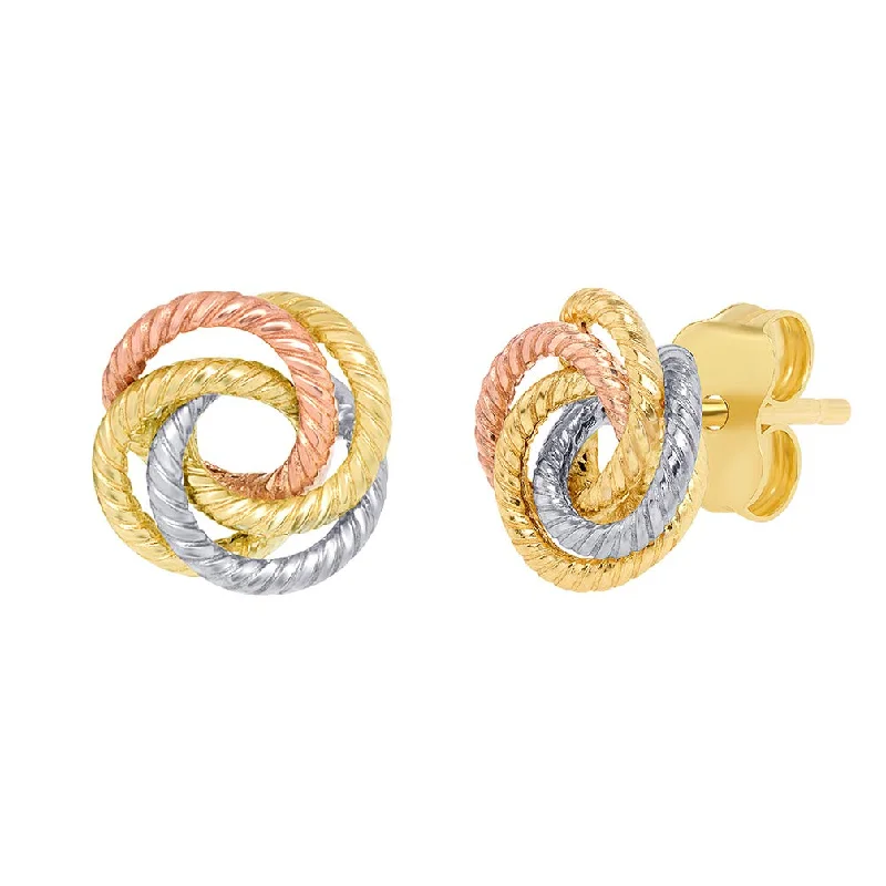 Best hoop earrings with geometric pendants for a modern, chic appeal-14K Tri-Color Gold Twisted Love Knot Stud Rope Earrings, 9mm