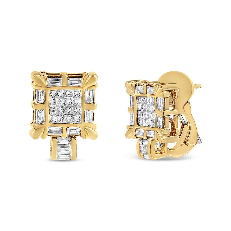 Hoop earrings with cut-out designs for a creative and lightweight effect-14K Yellow Gold 7/8 Cttw Princess and Baguette-Cut Diamond Square Framed Huggie Hoop Omega Earrings