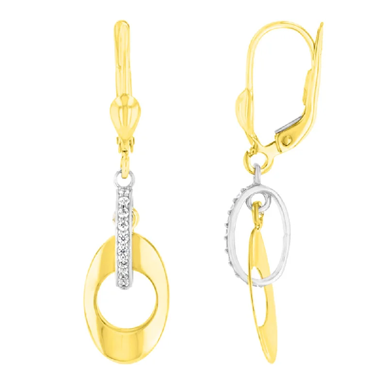 Hoop earrings with cut-out designs for a creative and lightweight effect-14K Yellow Gold and White Gold CZ Studded Double Oval Drop Dangle Earrings