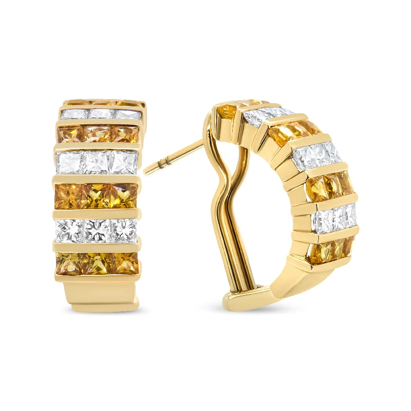 Best hoop earrings with braided leather for a rustic, stylish finish-18K Yellow Gold 1 3/4 Cttw Invisible Set Princess Cut Diamond and 2.5mm Yellow Sapphire Huggie Hoop Earrings