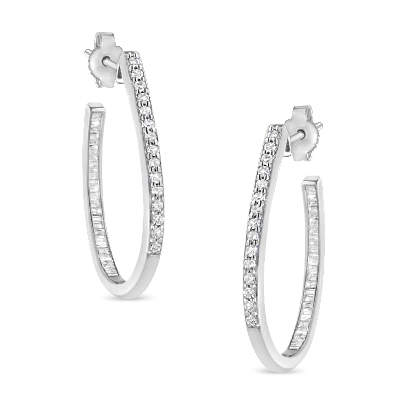 Hoop earrings with snake print designs for an edgy, wild appearance-.925 Sterling Silver 1/2 Cttw Round and Baguette-Cut Diamond Inside-Outside Hoop Earrings