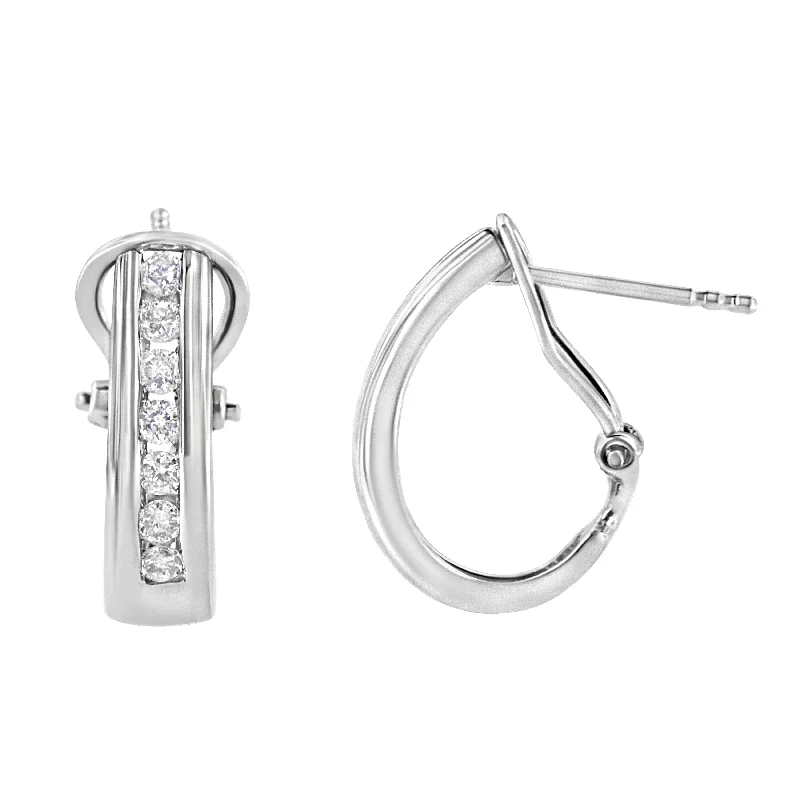 Best hoop earrings with gemstone accents for a colorful and elegant appearance-.925 Sterling Silver Channel Set 1/2 Cttw Lab Grown Round Diamond Omega Back Huggy Hoop Earrings