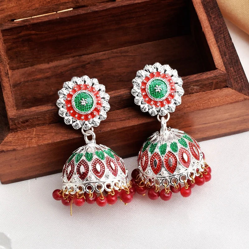 Best hoop earrings with enamel details for a colorful and modern look-Red & Green mix Flower Design Shiny Silver Enamel Jhumki Earrings