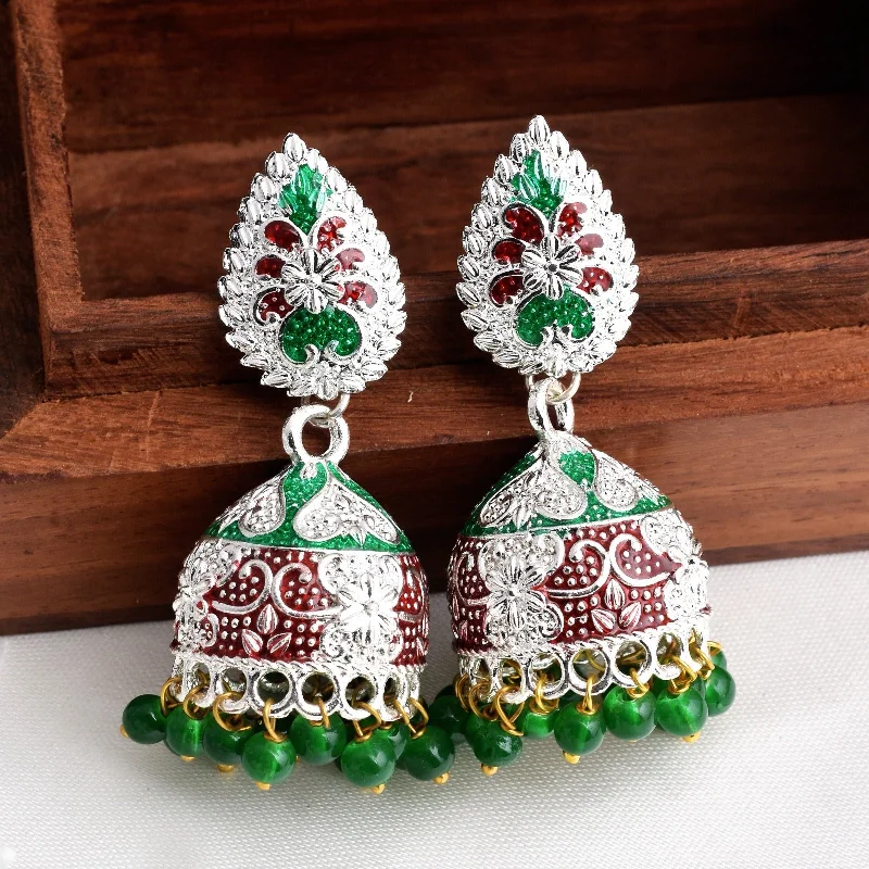 Best hoop earrings with matching bracelets for a coordinated jewelry set-Green & Red mix Shiny Silver Enamel Jhumki Earrings