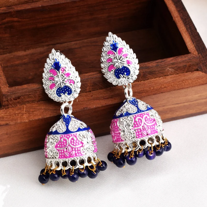 Hoop earrings with infinity loop designs for a continuous and eternal shape-Blue and Pink mix Shiny Silver Enamel Jhumki Earrings