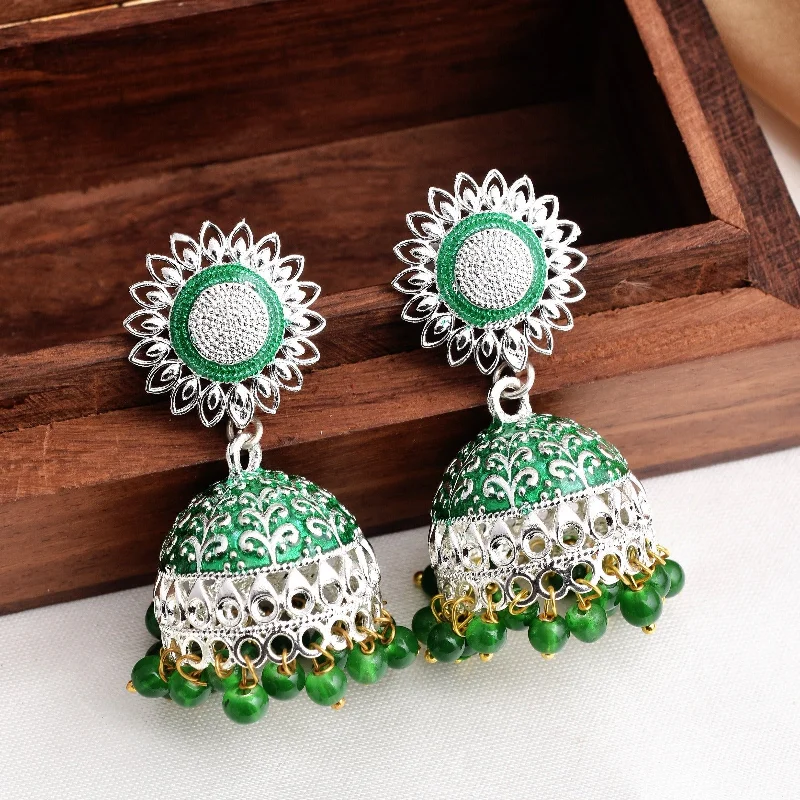 Best hoop earrings with snake chain details for a sleek and modern touch-Green Color Flower Design Shiny Silver Enamel Jhumki Earrings