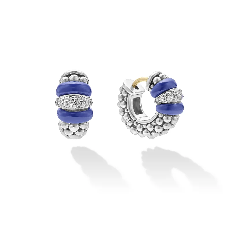 Best hoop earrings with minimalist designs for a clean and modern aesthetic-LAGOS Blue Caviar Ceramic and Diamond Huggie Earrings