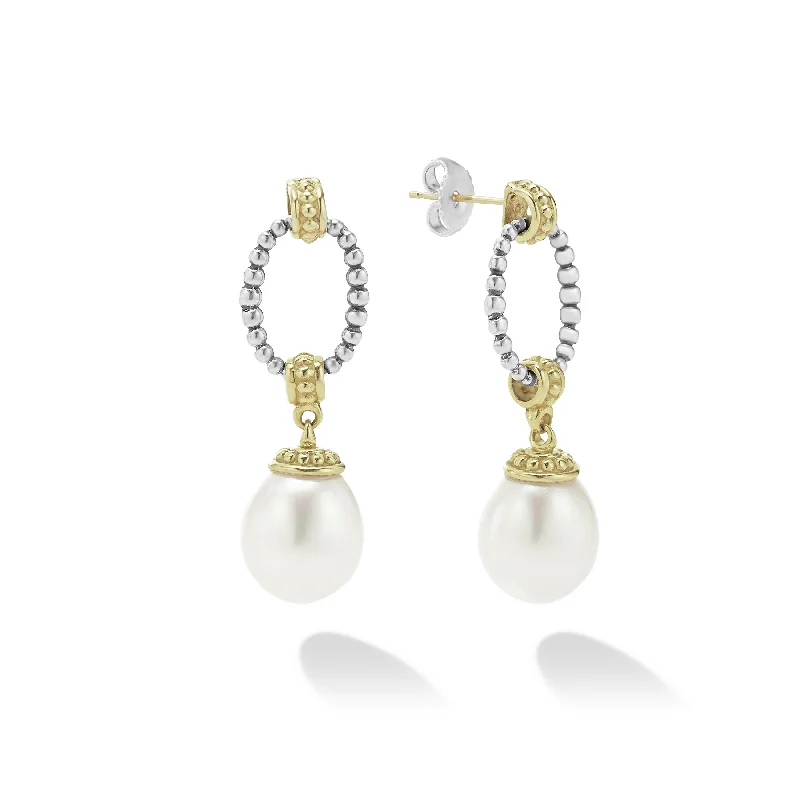 Best hoop earrings with delicate chain details for a trendy and stylish design-LAGOS Luna Two-Tone Oval Drop Pearl Earrings