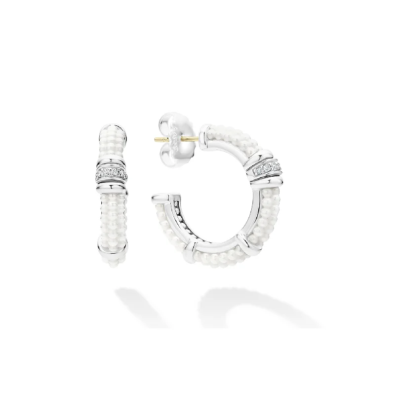 Hoop earrings with hammered textures for a boho-chic and rustic vibe-LAGOS White Caviar Ceramic and Diamond Hoop Earrings