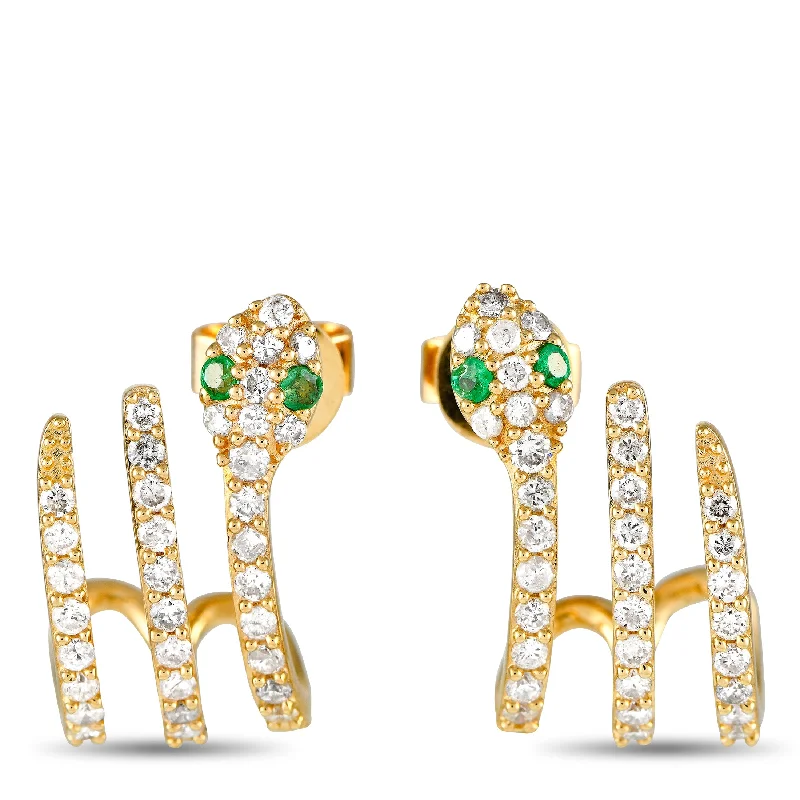 Hoop earrings with gold accents for a warm, elegant statement piece-LB Exclusive 14K Yellow Gold 0.90ct Diamond and Emerald Serpent Earrings ER208505-Y