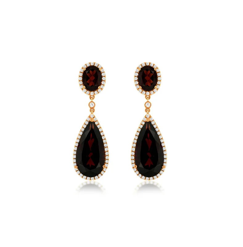 Hoop earrings with enamel stripes for a colorful and eye-catching design-Sabel Collection Rose Gold Garnet and Diamond Dangle Earrings