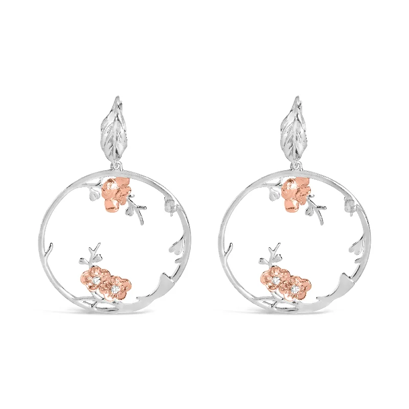 Hoop earrings with removable pendants for a versatile and customizable accessory-Rose Gold Plated .925 Sterling Silver 1/10 Cttw Diamond Floral Hoop Earrings