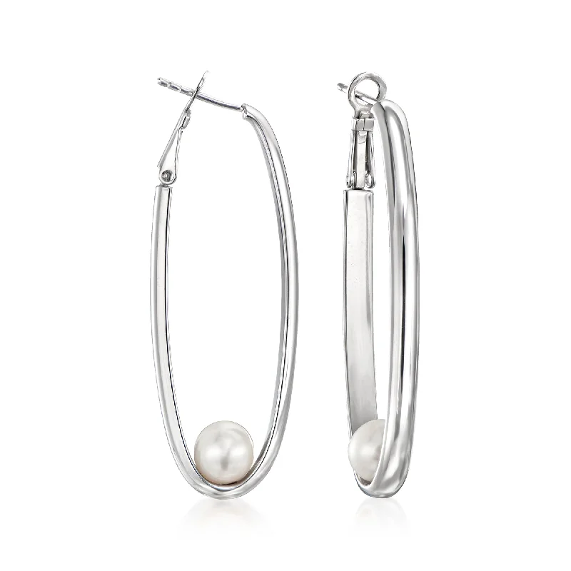 Hoop earrings with stacked layers for a bold and textured design-Ross-Simons 7-7.5mm Cultured Pearl Elongated Hoop Earrings in Sterling Silver