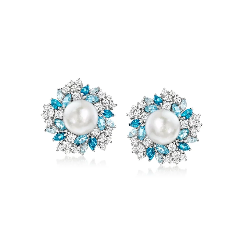 Best hoop earrings with intricate beaded details for a textured, stylish appearance-Ross-Simons 8.5-9mm Cultured Pearl and Tonal Blue and White Topaz Earrings in Sterling Silver