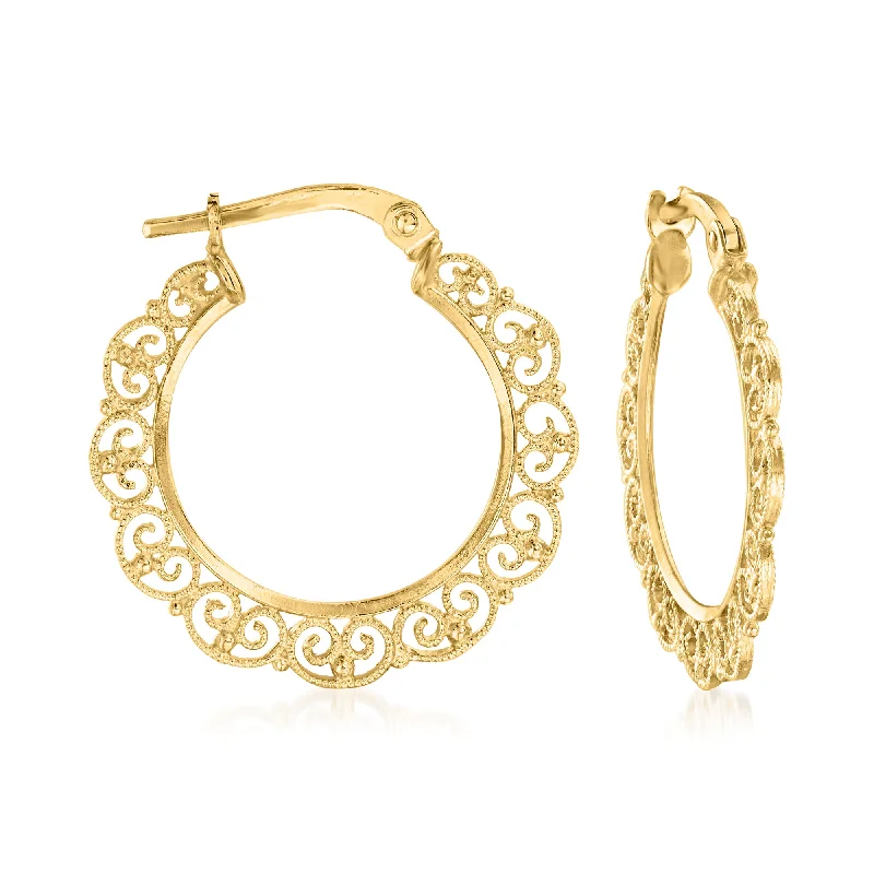 Hoop earrings with floral motifs for a feminine and nature-inspired look-Ross-Simons Italian 14kt Yellow Gold Scalloped Filigree Hoop Earrings