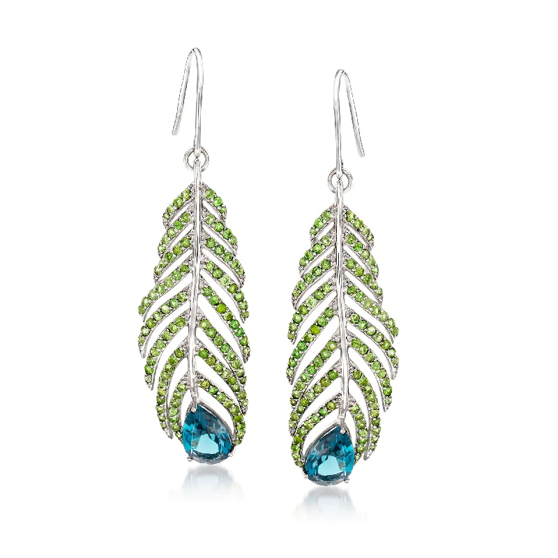 Hoop earrings with faceted crystals for added sparkle and shine-Ross-Simons London Blue Topaz and Green Tourmaline Feather Earrings in Sterling Silver