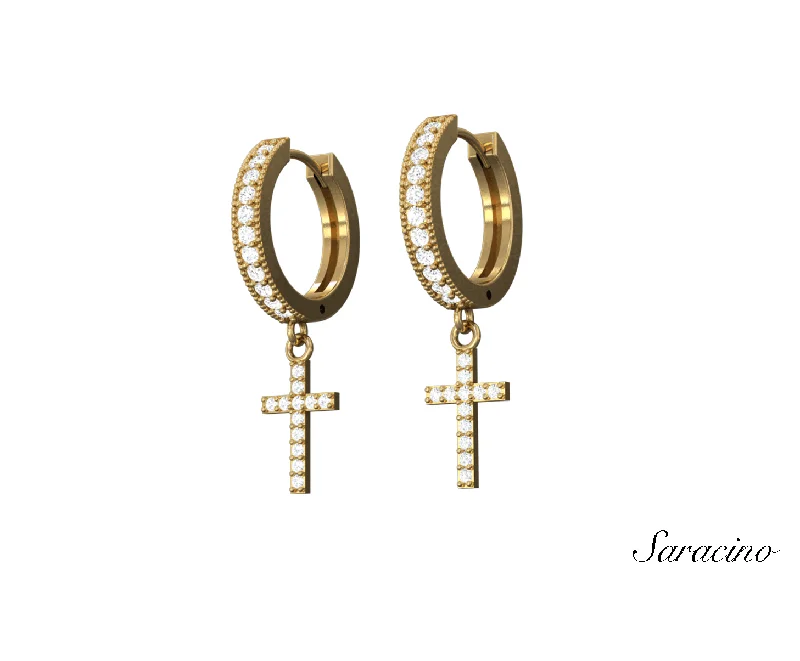 Hoop earrings with a chunky design for a bold and trendy statement-Round Diamond Huggie Earrings w Diamond Cross