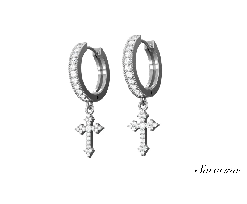 Hoop earrings with twisted metal designs for a dynamic and modern style-Round Diamond Huggie Earrings w Medieval Diamond Cross