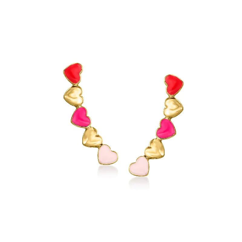 Hoop earrings with faceted crystals for added sparkle and shine-RS Pure by Ross-Simons Multicolored Enamel Heart Ear Climbers in 14kt Yellow Gold