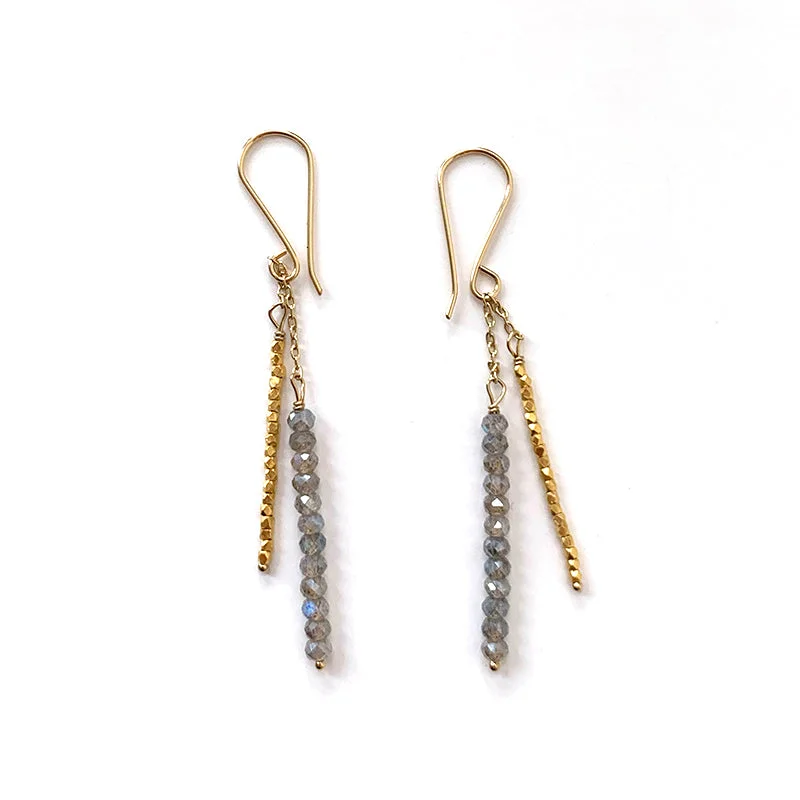 Hoop earrings with textured gold for a refined and sophisticated aesthetic-Seed Bead Quill Duo Earrings - Labradorite Bead + Gold