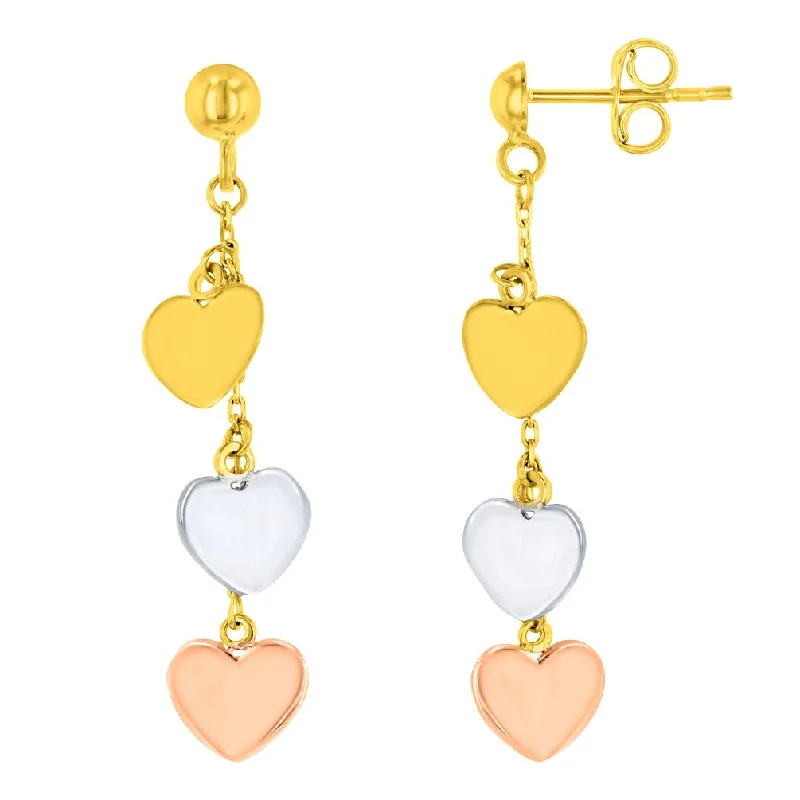 Best hoop earrings with sterling silver for an affordable and chic design-Solid 14K Tri-Color Gold Three Hearts Dangling Earrings