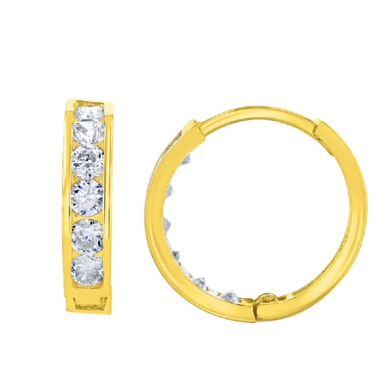 Hoop earrings with a matte finish for a sleek and sophisticated appearance-Solid 14K Yellow Gold CZ Studded Hoop Simple Huggie Earrings, 3mm