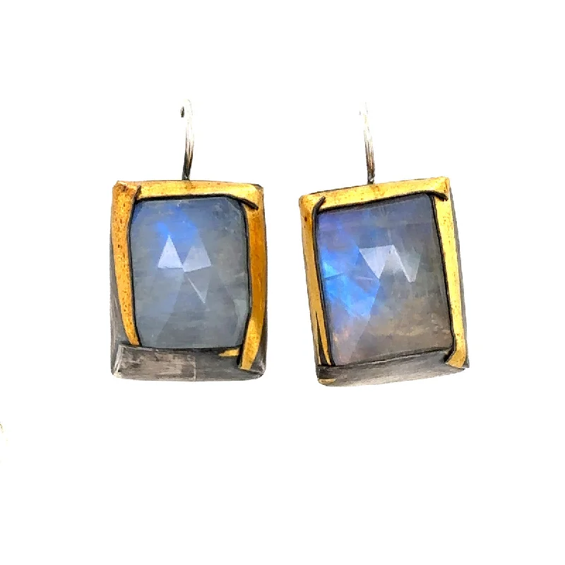 Best hoop earrings with vintage rhinestone embellishments for a retro-glam effect-Square Rainbow Moonstone Hook Earrings