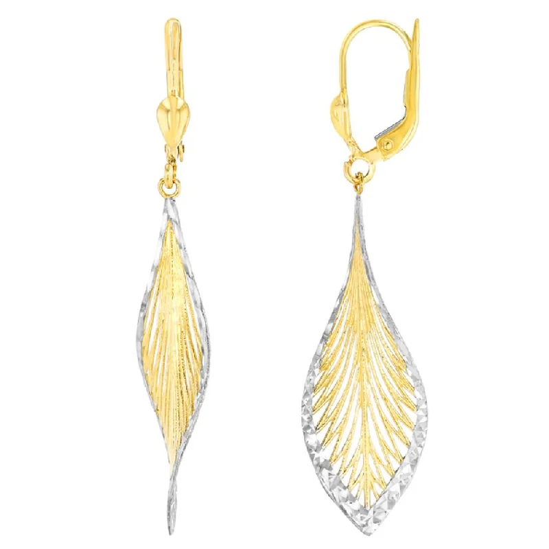 Best hoop earrings with detachable studs for a versatile and adjustable accessory-Textured 14K Gold Two-Tone Curved Spiral Leaf Dangle Earrings - Yellow Gold