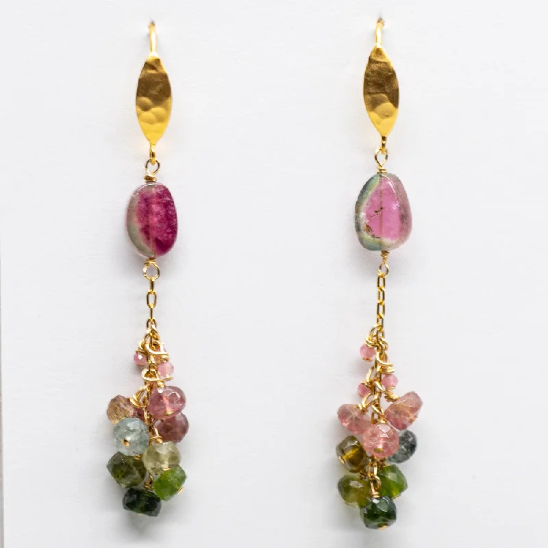 Best hoop earrings with cubic zirconia for a budget-friendly, dazzling look-Watermelon Tourmaline Gold Tassel Earrings