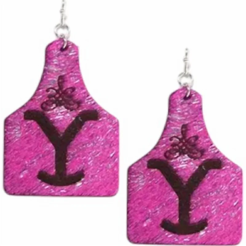 Hoop earrings with diamond-cut surfaces for added sparkle and shine-Women's Cowhide Yellowstone Cattle Tag Earrings In Pink